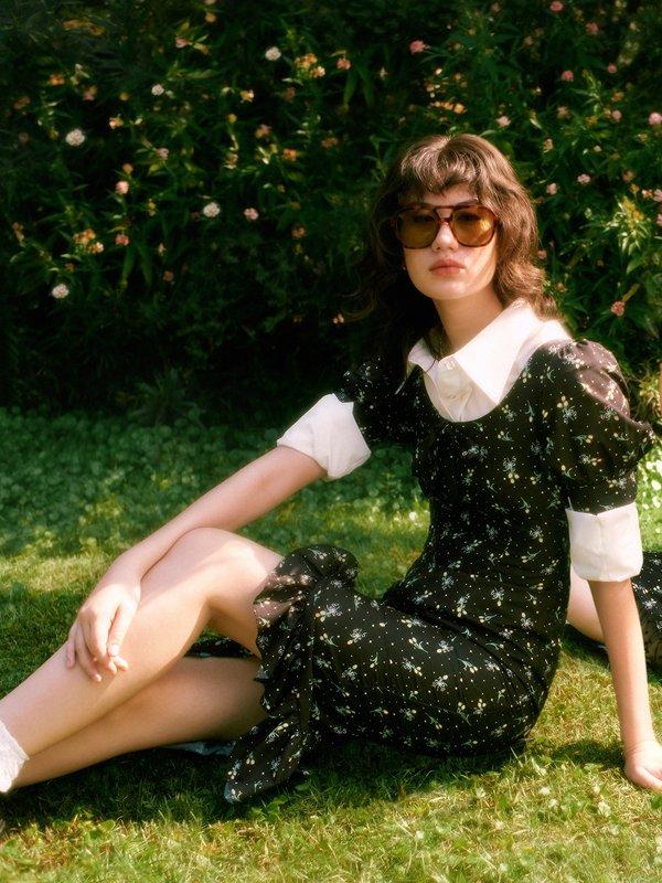 Pomelo Pomelo Puffed Sleeve Floral Midi Dress - Black