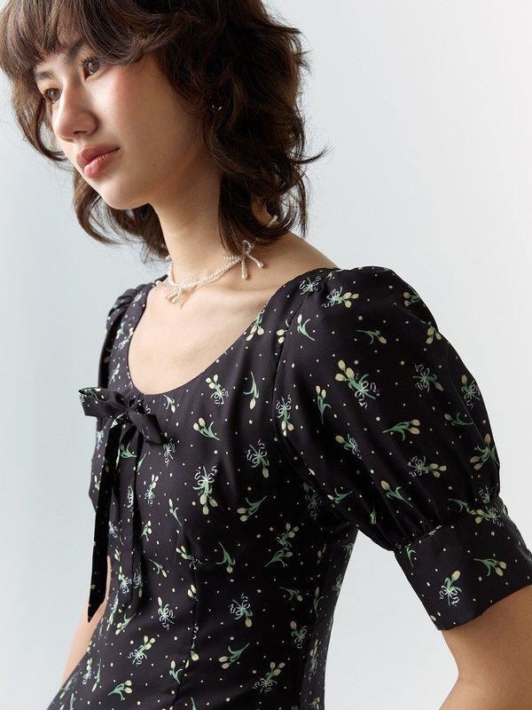 Pomelo Pomelo Puffed Sleeve Floral Midi Dress - Black