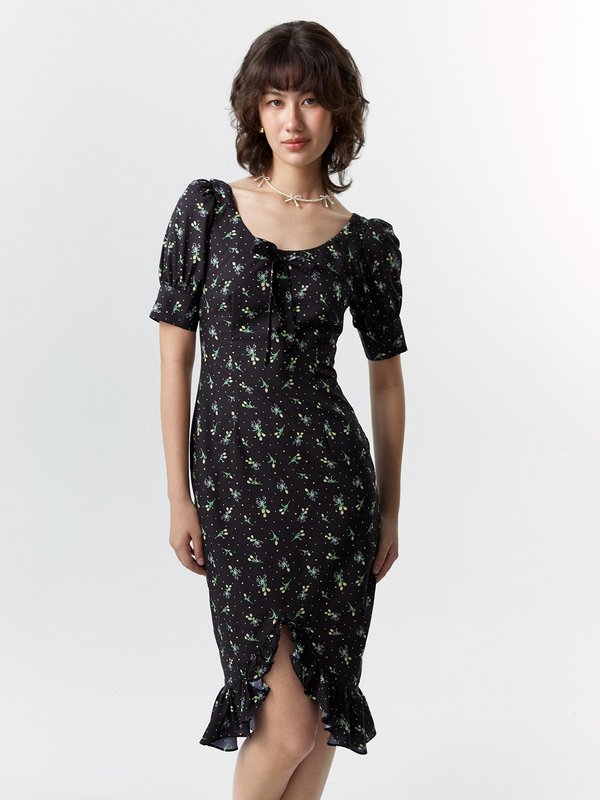 pomelo Pomelo Puffed Sleeve Floral Midi Dress - Black
