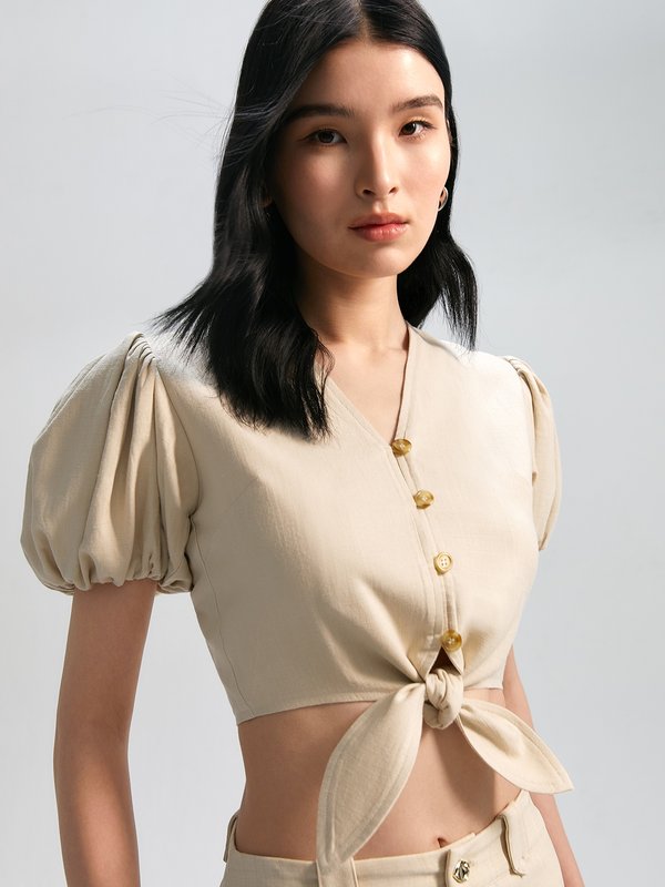 Pomelo Pomelo Puffed Sleeve Tie-Front Button Blouse - Beige