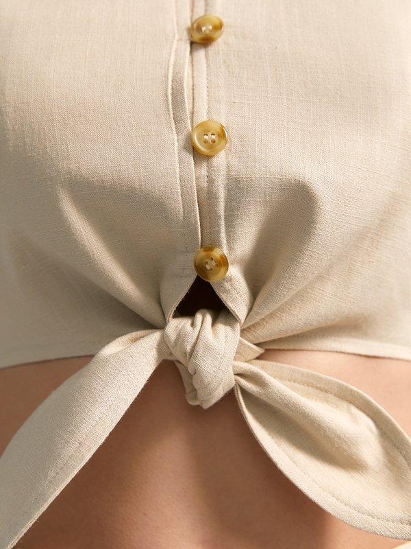Pomelo Pomelo Puffed Sleeve Tie-Front Button Blouse - Beige