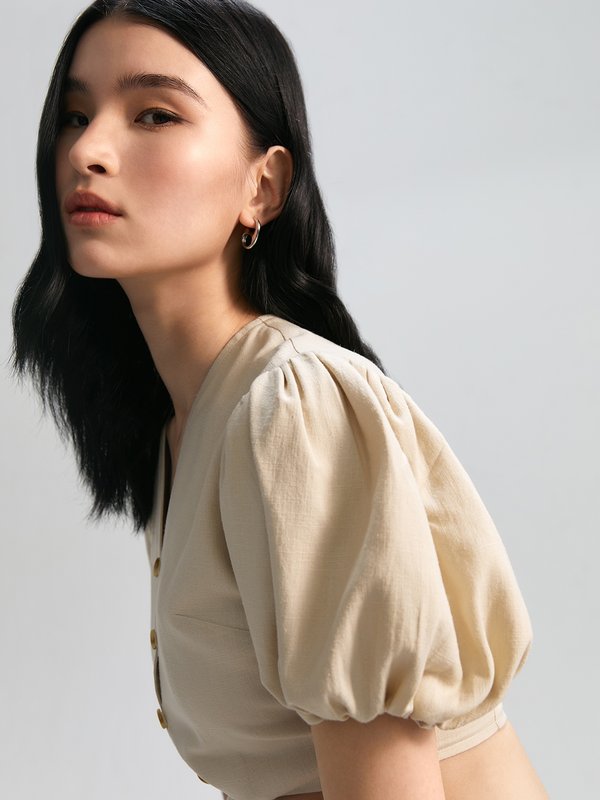 Pomelo Pomelo Puffed Sleeve Tie-Front Button Blouse - Beige