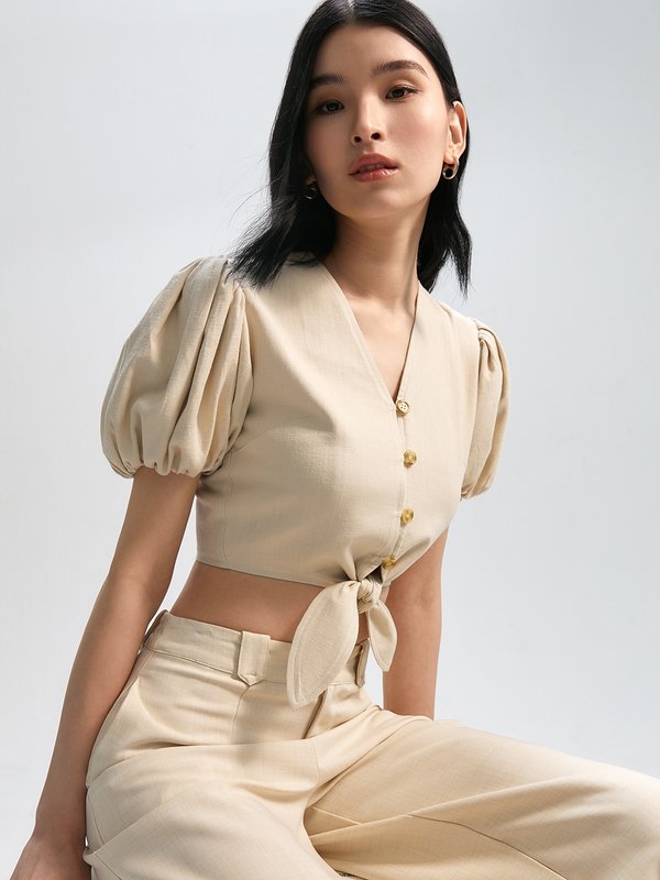 pomelo Pomelo Puffed Sleeve Tie-Front Button Blouse - Beige