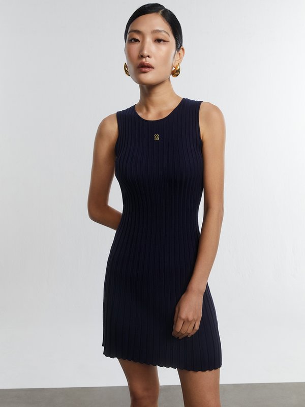 Pomelo Pomelo Ribbed Knit Round Neck Sleeveless Mini Dress - Navy