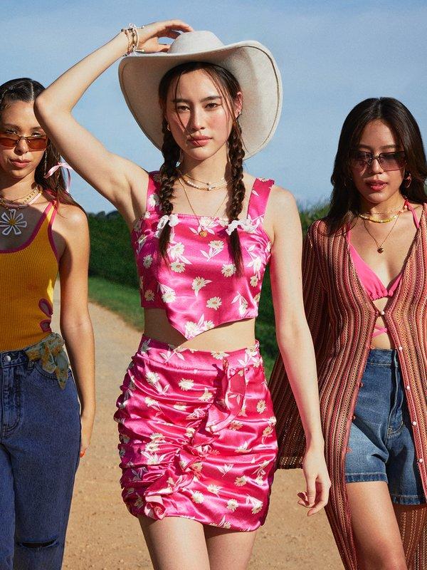 Pomelo Pomelo Ruch Detail Flower Print Mini Skirt - Fuchsia