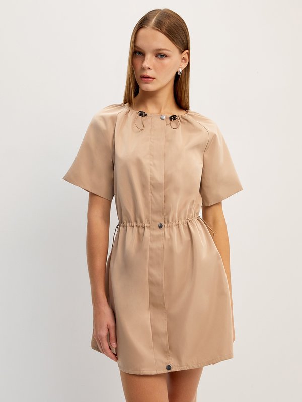 Pomelo Pomelo Ruched Drawstring Short Sleeve Mini Dress - Beige