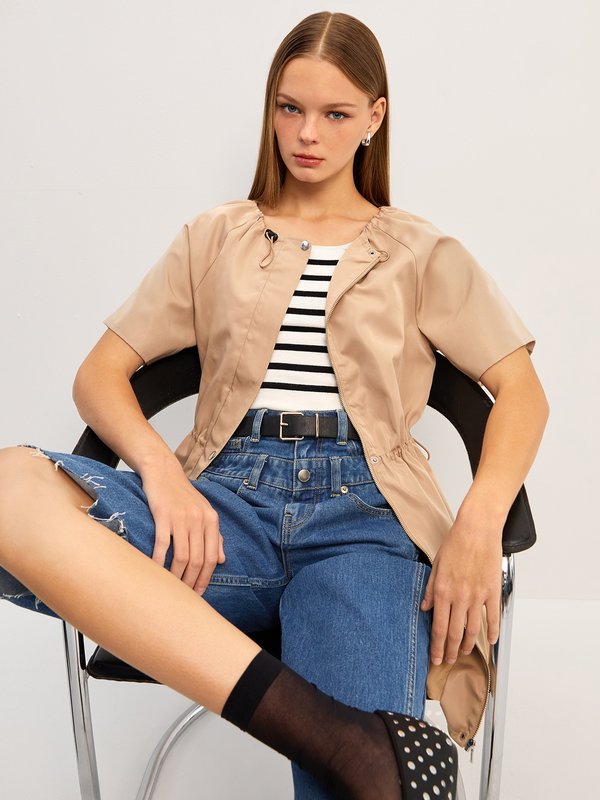 Pomelo Pomelo Ruched Drawstring Short Sleeve Mini Dress - Beige