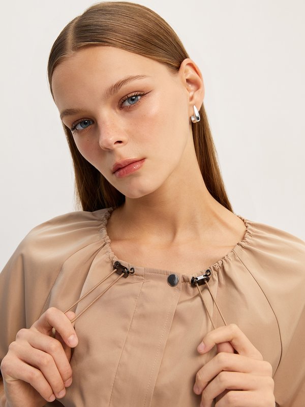 Pomelo Pomelo Ruched Drawstring Short Sleeve Mini Dress - Beige