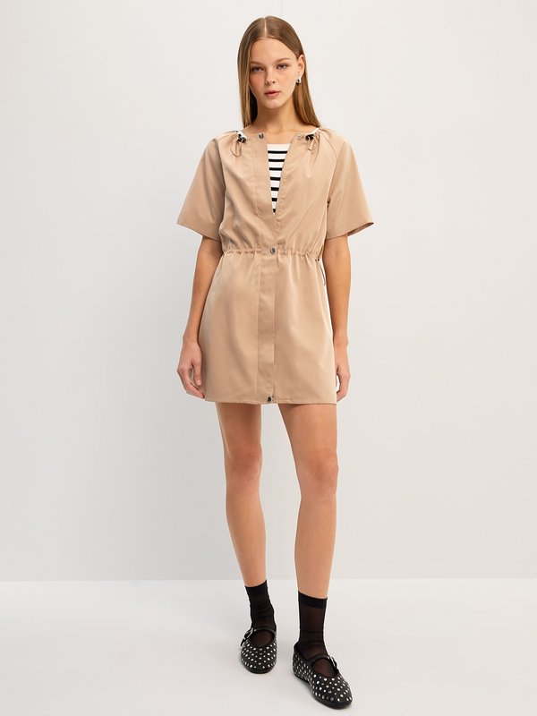 pomelo Pomelo Ruched Drawstring Short Sleeve Mini Dress - Beige