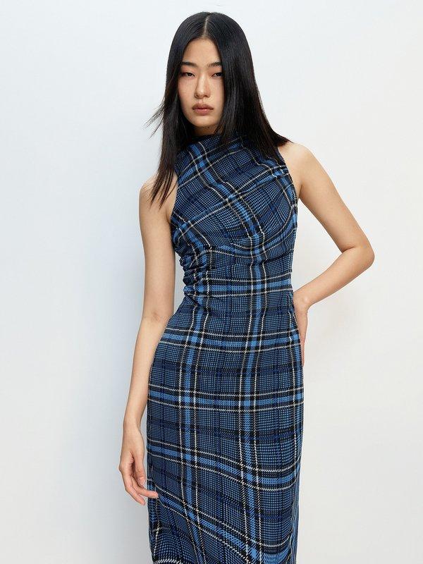 Pomelo Pomelo Ruched Wavy Plaid Printed Sleeveless Midi Dress - Blue