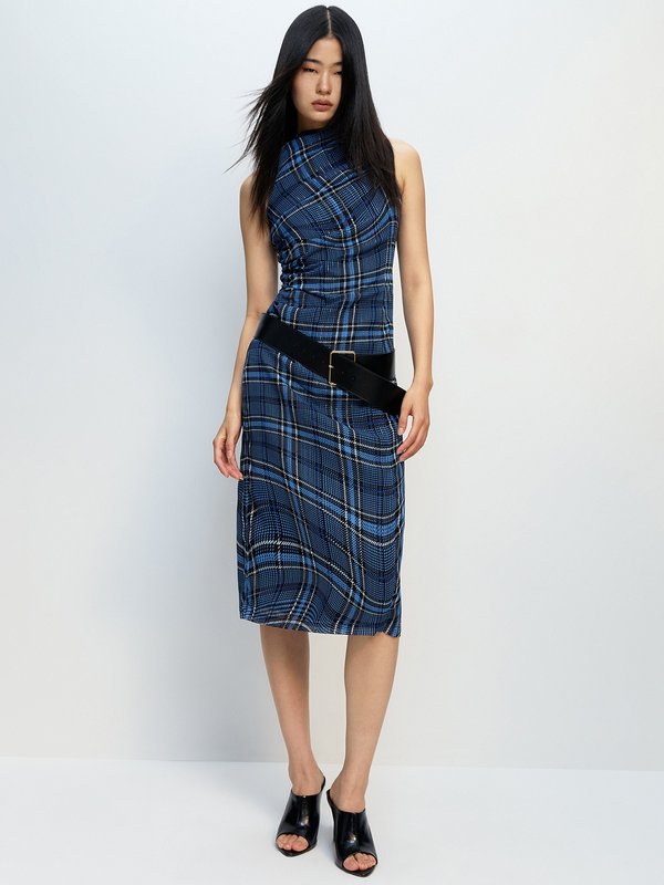 Pomelo Pomelo Ruched Wavy Plaid Printed Sleeveless Midi Dress - Blue