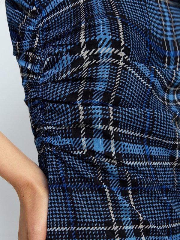 Pomelo Pomelo Ruched Wavy Plaid Printed Sleeveless Midi Dress - Blue