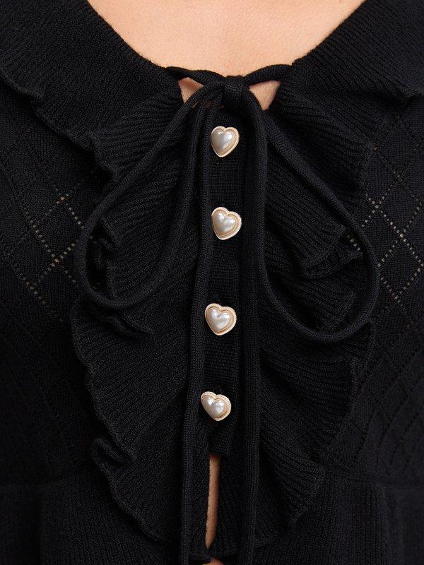Pomelo Pomelo Ruffle Color-Contrast Trim Crop Cardigan - Black