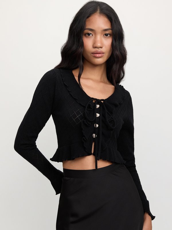 pomelo Pomelo Ruffle Color-Contrast Trim Crop Cardigan - Black