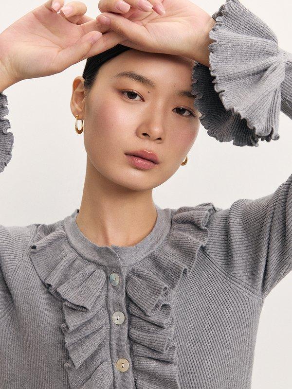 Pomelo Pomelo Ruffled Edge Button Cardigan - Mid Grey