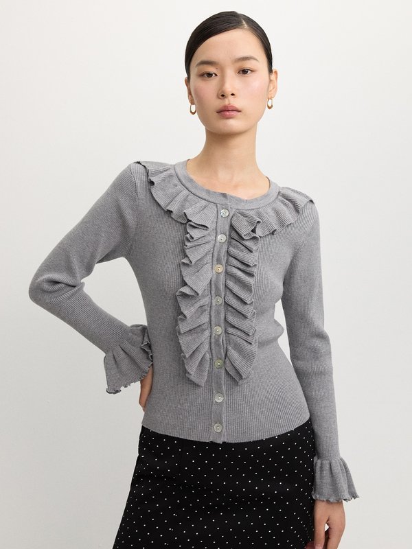 pomelo Pomelo Ruffled Edge Button Cardigan - Mid Grey