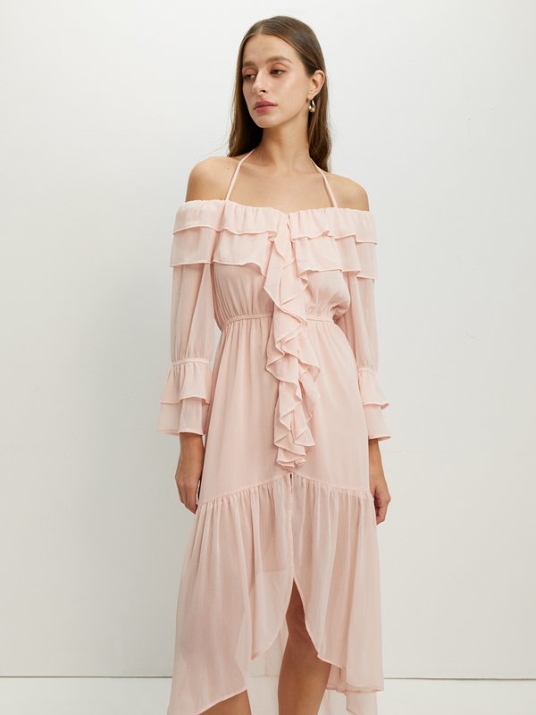 pomelo Pomelo Ruffled Off-Shoulder Dress - Light Pink