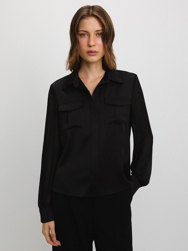 Pomelo Pomelo Semi-See Through Button Shirt With Pockets - Black