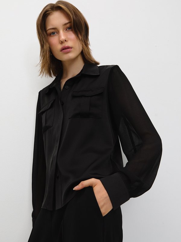 Pomelo Pomelo Semi-See Through Button Shirt With Pockets - Black