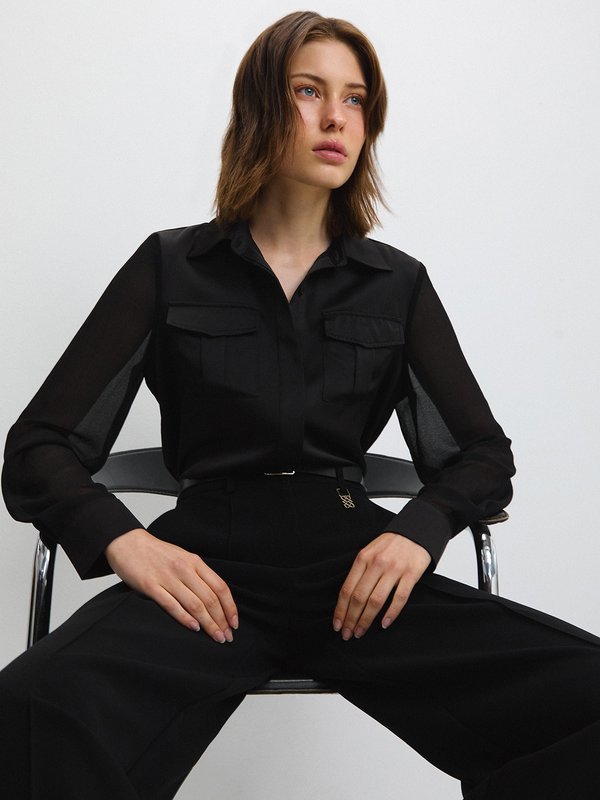 pomelo Pomelo Semi-See Through Button Shirt with Pockets - Black