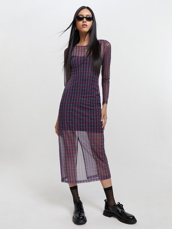 Pomelo Pomelo Semi See-Through Plaid Long Sleeve Maxi Dress - Multi Color