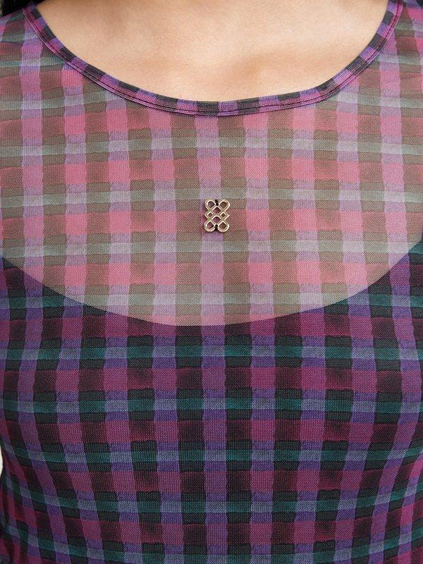 Pomelo Pomelo Semi See-Through Plaid Long Sleeve Maxi Dress - Multi Color