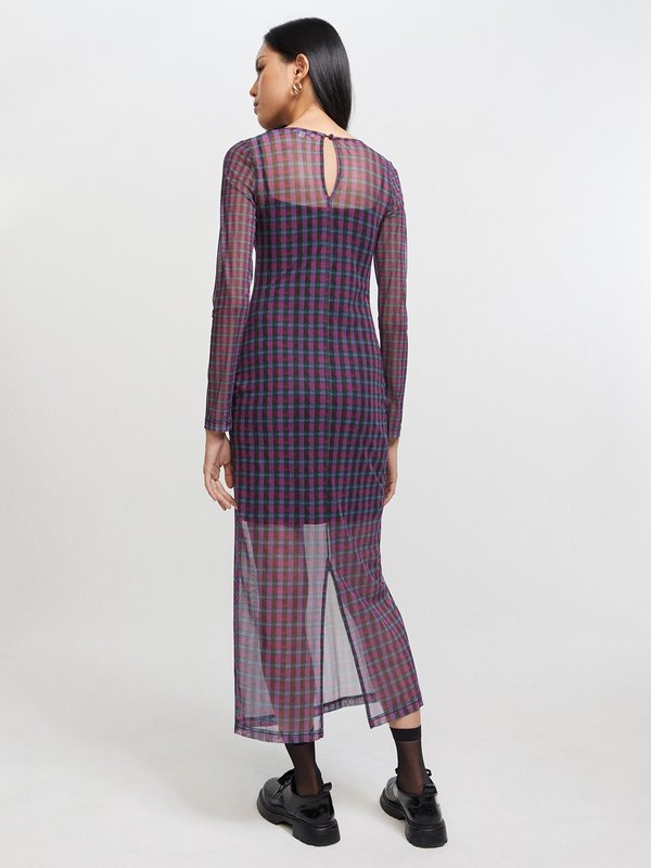 Pomelo Pomelo Semi See-Through Plaid Long Sleeve Maxi Dress - Multi Color