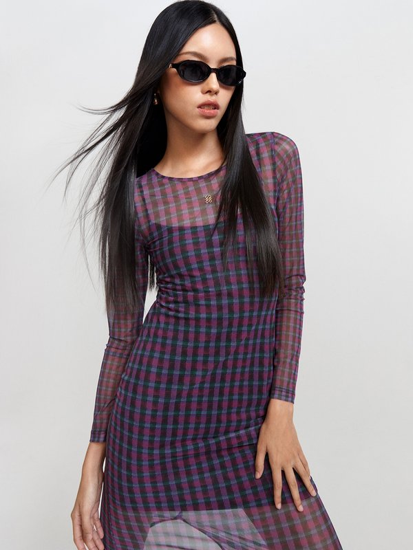 pomelo Pomelo Semi See-Through Plaid Long Sleeve Maxi Dress - Multi Color