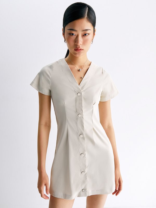 Pomelo Pomelo Short-Sleeve Button Shirt Mini Dress - Ivory