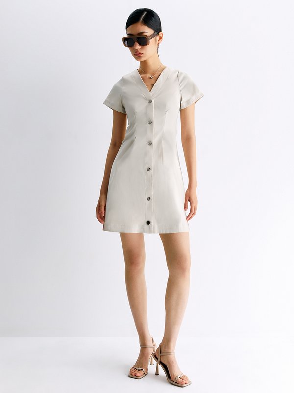 pomelo Pomelo Short-Sleeve Button Shirt Mini Dress - Ivory