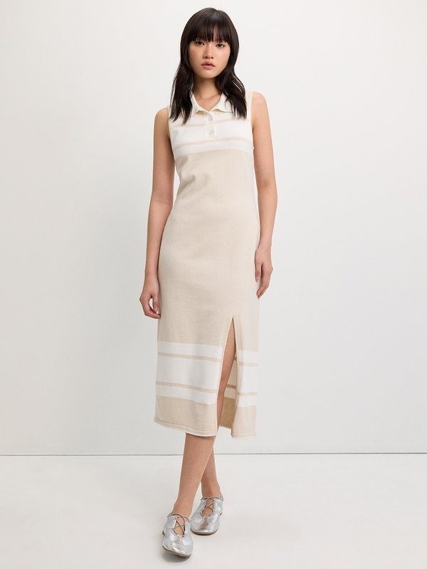 Pomelo Pomelo Sleeveless Polo Dress With Front Slit - Beige