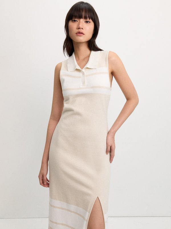 pomelo Pomelo Sleeveless Polo Dress with Front Slit - Beige