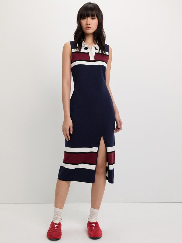 Pomelo Pomelo Sleeveless Polo Dress With Front Slit - Navy