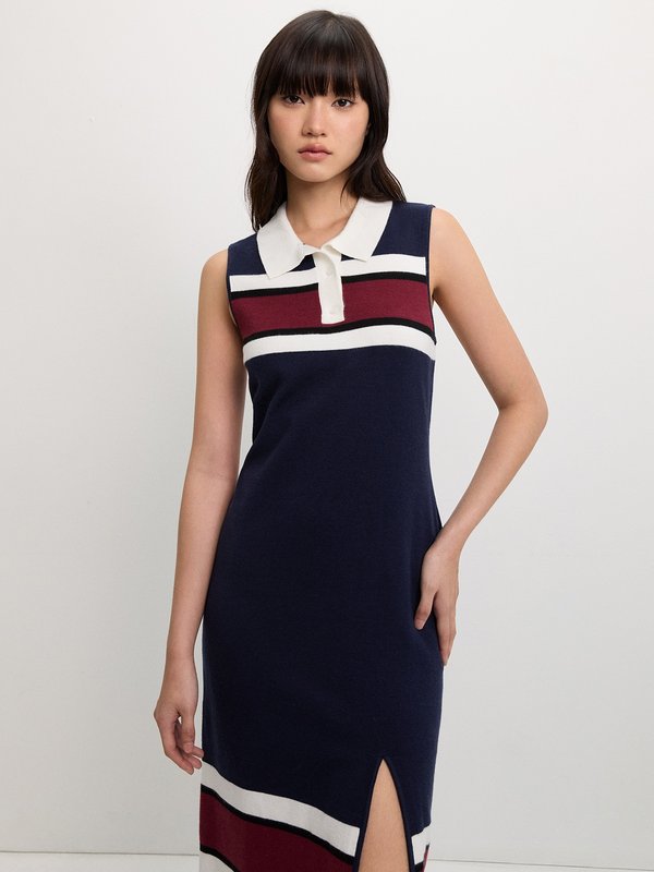 pomelo Pomelo Sleeveless Polo Dress with Front Slit - Navy