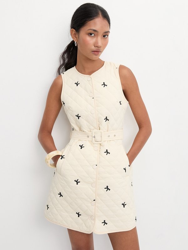 pomelo Pomelo Sleeveless Quilted Belted Dress - Ivory