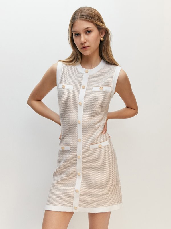 pomelo Pomelo Sleeveless Woven Button Mini Dress - Beige