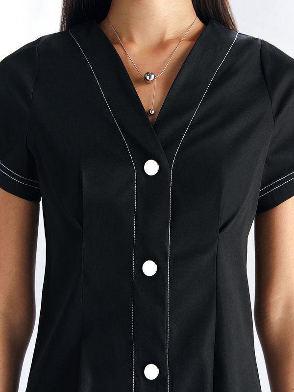 Pomelo Pomelo Stripe Detail Short-Sleeve Button Shirt Mini Dress - Black