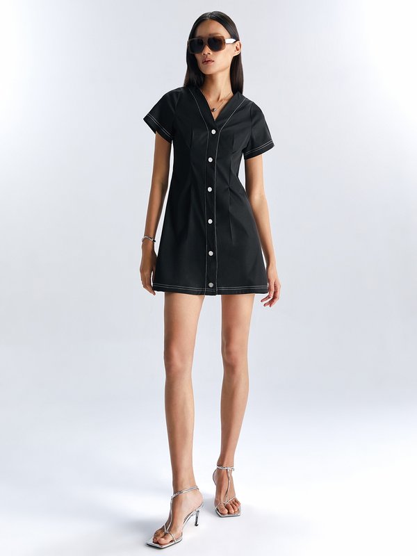 Pomelo Pomelo Stripe Detail Short-Sleeve Button Shirt Mini Dress - Black
