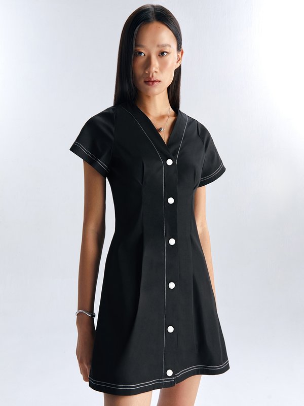 pomelo Pomelo Stripe Detail Short-Sleeve Button Shirt Mini Dress - Black