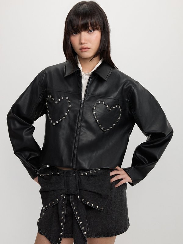 Pomelo Pomelo Studded Faux Leather Crop Jacket - Black