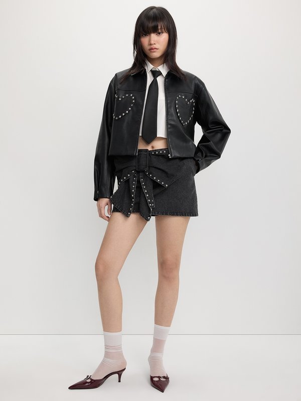 pomelo Pomelo Studded Faux Leather Crop Jacket - Black
