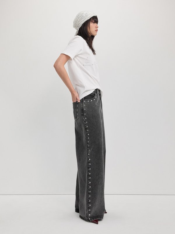 Pomelo Pomelo Studded Side Trim Wide Leg Jeans - Black