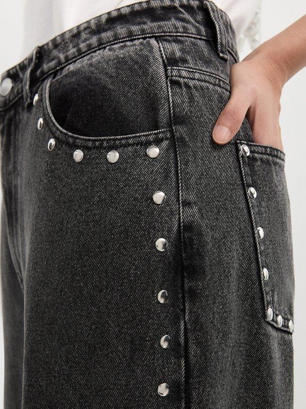Pomelo Pomelo Studded Side Trim Wide Leg Jeans - Black