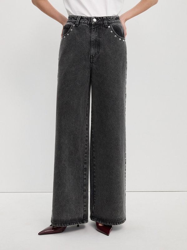 pomelo Pomelo Studded Side Trim Wide Leg Jeans - Black