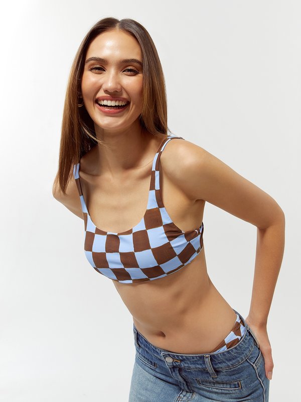 pomelo Pomelo Sustainable High Cut Checkered Bikini Bottom - Brown