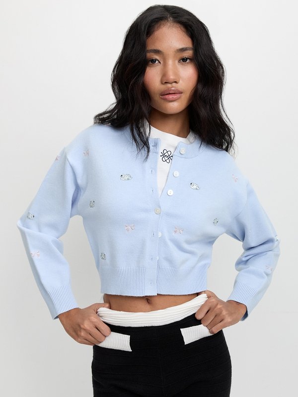 pomelo Pomelo Swan Embroidery Cropped Cardigan - Baby Blue