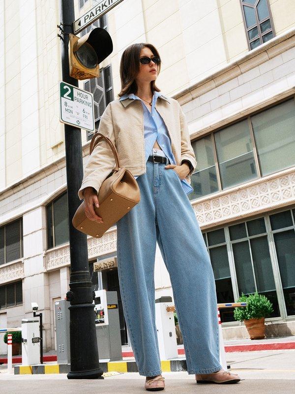 Pomelo Pomelo Textured Leather Bowling Shoulder Bag - Light Brown