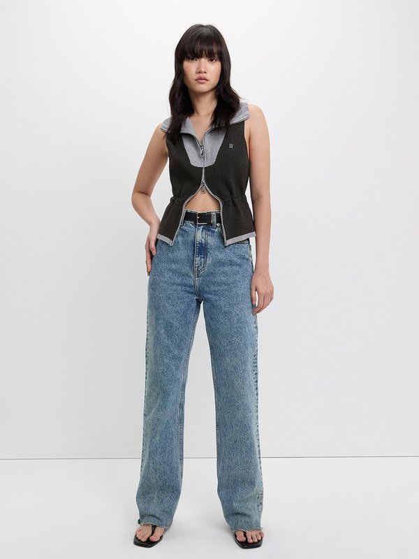 Pomelo Pomelo Tie-Waist Knit Top With Two-Way Zip - Dark Grey