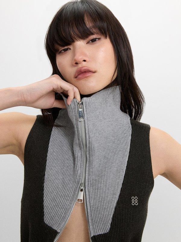 Pomelo Pomelo Tie-Waist Knit Top With Two-Way Zip - Dark Grey