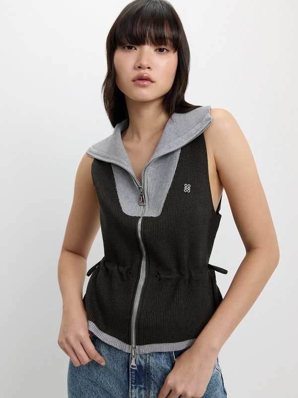 pomelo Pomelo Tie-Waist Knit Top With Two-Way Zip - Dark Grey